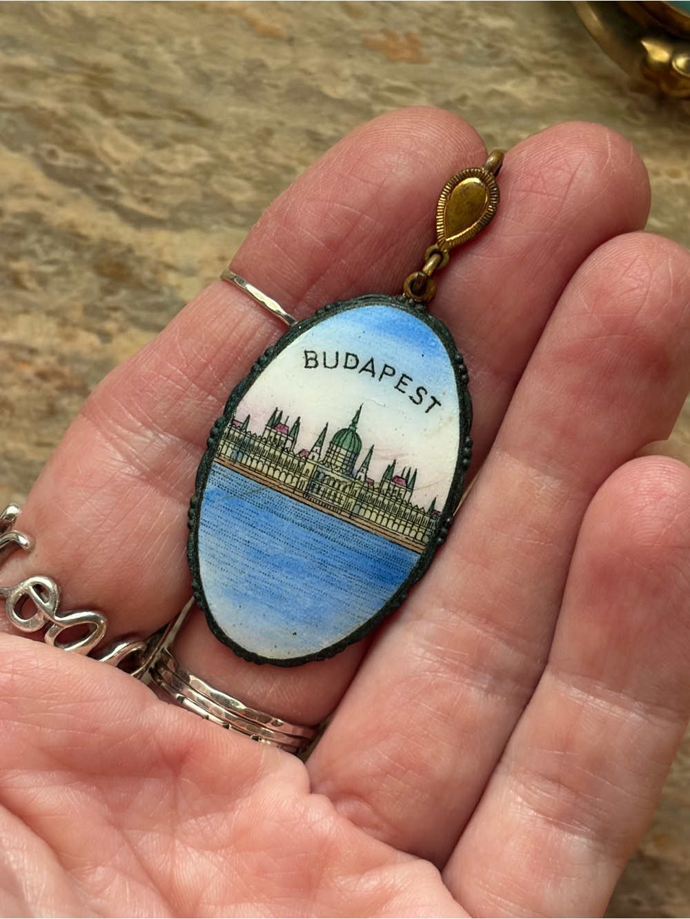 Antique Budapest Souvenir Hand-Painted, Porcelain Gilt Brass Metal Pendant